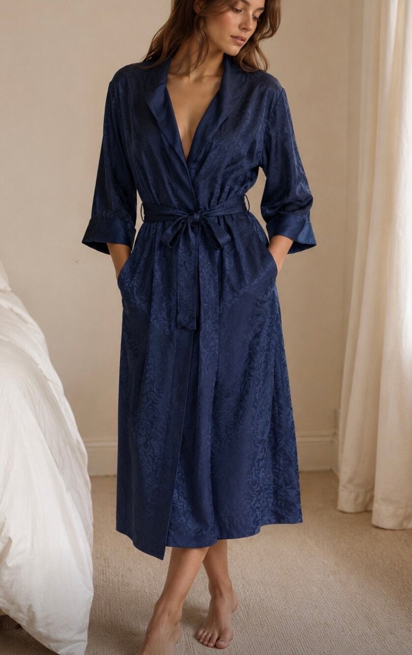 Vintage Victoria’s Secret Navy Satin duster Robe Lounge 90s gold tag label  L
